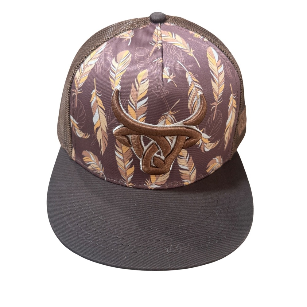 Lost Calf Natural Born Cowboy Brown Feather Print Mesh Snapback Trucker Hat